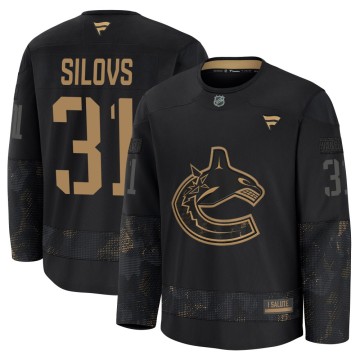 Premium Fanatics Youth Arturs Silovs Vancouver Canucks 2024 Military Appreciation Practice Jersey - Black